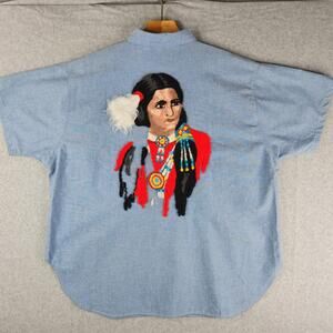Vintage Liz Moody Top Womens 44 Blue Chambray Back Embroidered Native Portrait